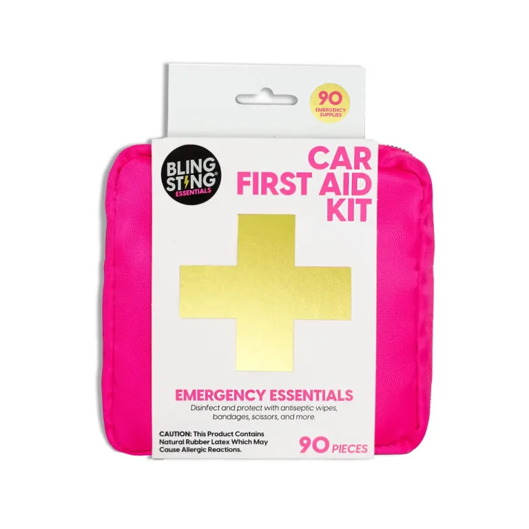 BLINGSTING Car First Aid Kit – 90 Pieces Included, Pink, 1 Count, 5 in x 5 in 2 in